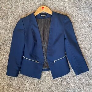 Express Women’s Navy Collarless Blazer, Cropped with Zipper Pockets, Size 0
